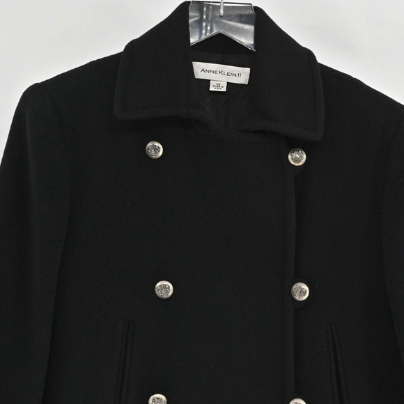 Vtg‎ ANNE KLEIN Womens Wool Pea Coat Size XS Black Mid Double Breasted USA 90s - Picture 10 of 13